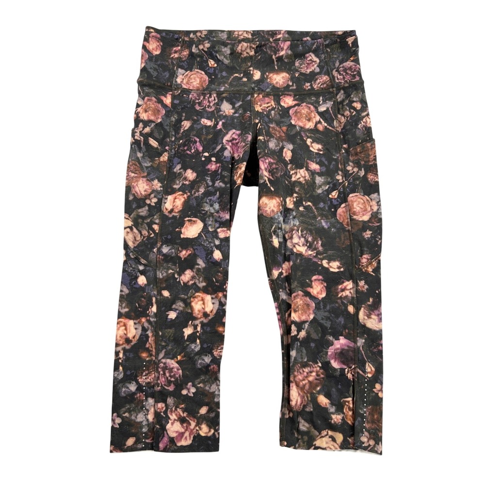 Lululemon Fast and Free Crop 10 Floral Black Pink Women Running Leggings Yoga